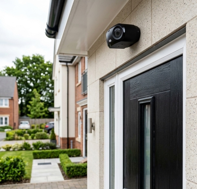 Dome CCTV camera mounted above a front door of a modern UK home.