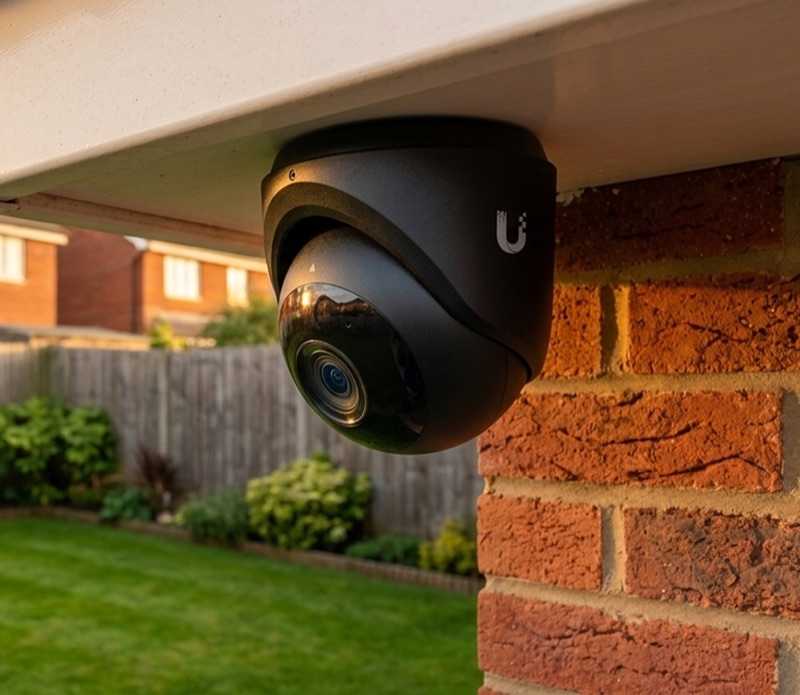 CCTV camera installed under the soffit of a UK home overlooking a rear garden.